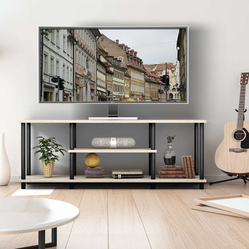 meuble tv à 3 niveaux pour télévision jusqu'à 50 pouces, banc tv moderne avec structure en métal, pour salon, chambre, gris - costway
