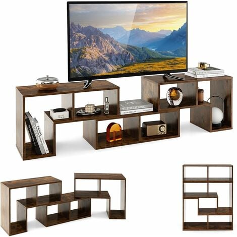 COSTWAY Meuble TV 6 Compartiments en 3 Pcs Modulaire, Banc TV Extensible 140-170cm pour TV 65" au Max, Meuble Télé Étagère Modulaire pour Salon, Chambre, Bureau (Marron Rustique)
