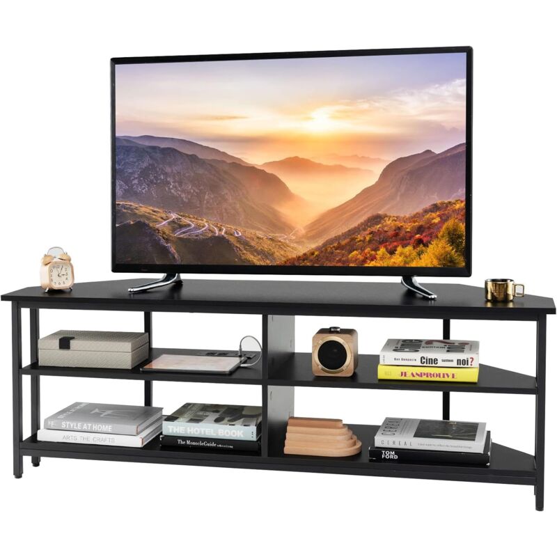 Costway - Meuble tv Angle, Meuble Télé avec Prise, 2 Prises, 2 usb, 1 Type-C, Petit Meuble tv pour 65', Meuble tv Bois 3 Niveaux, 3 Etagères