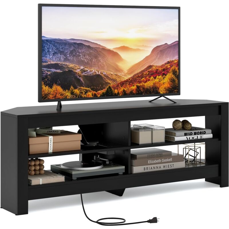Costway - Meuble tv Angle, Meuble Télé avec Prise, 2 Prises, 2 usb, 1 Type-C, Petit Meuble tv pour 65', Meuble tv Bois 3 Niveaux, 4 Etagères Ouvertes