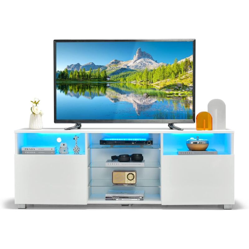 Meuble tv avec Éclairage led 20 Couleurs, Banc tv avec 2 Placards, 2 Compartiments et Étagères Vitrées, Meuble pour tv 60', Trous de Câbles, pour