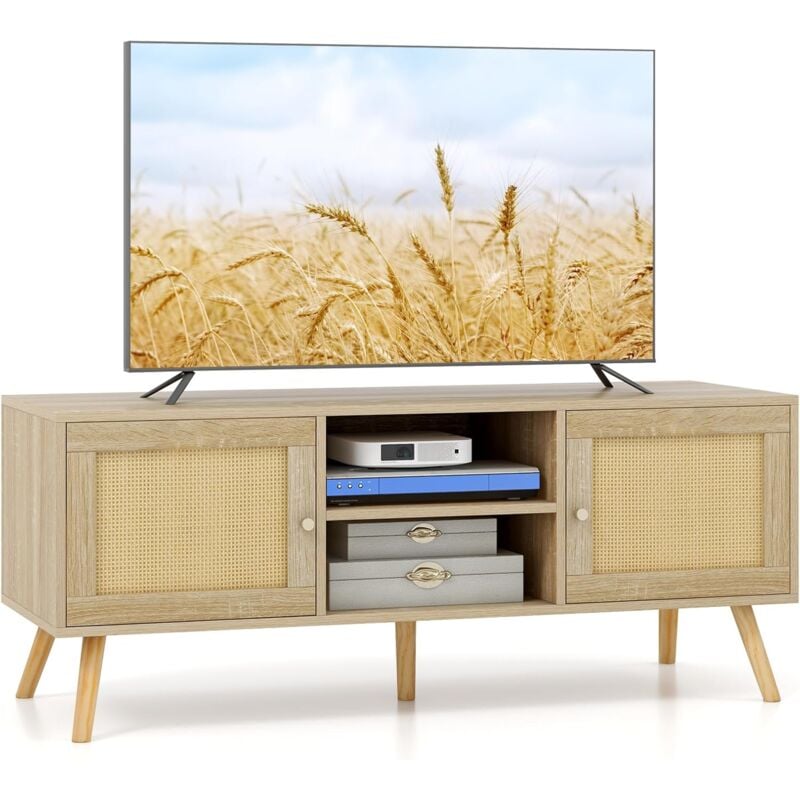 Costway - Meuble tv Bois, Meuble Tele à Porte Cannage avec 4 Compartiments pour tv 55', Banc tv 120cm à 4 Pieds en Bois Massif, Style Bohème, 120 x