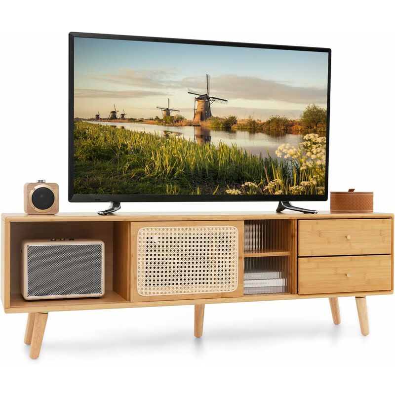 Meuble tv en Bambou avec 2 Tiroirs 4 Compartiments, Banc tv à 5 Pieds, 2 Portes Coulissantes en Rotin et Verre Trempé, pour tv 65' au Max, Style
