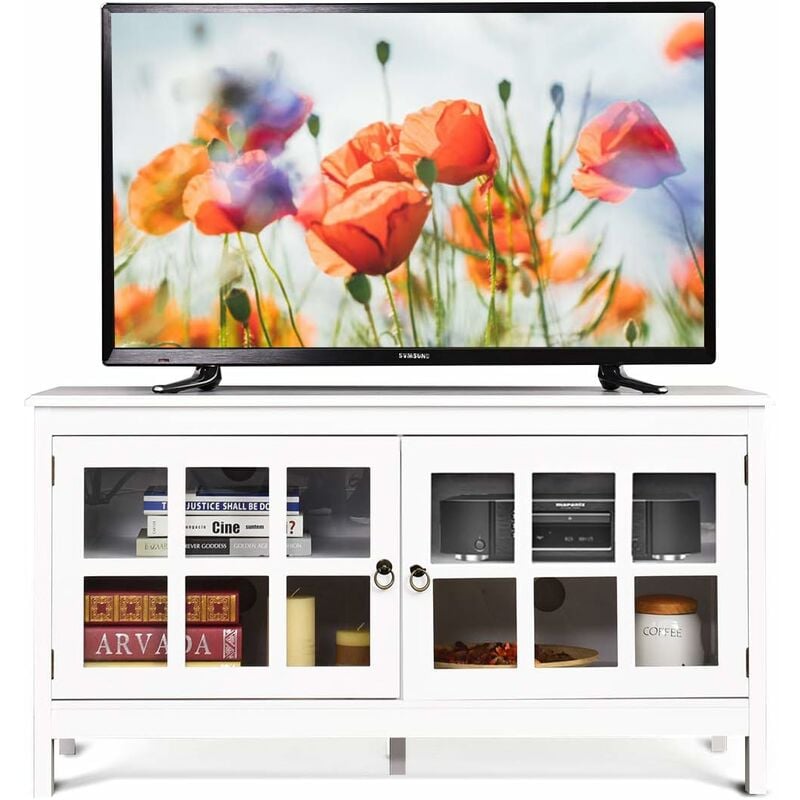 COSTWAY Meuble TV en Bois avec 2 Portes en Verre Trempé,avec Passe-Câbles 114 x 48,5 x 61 CM, Style Moderne Blanc