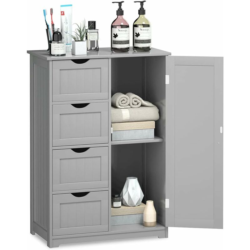Meuble de Rangement Commode Armoire avec 4 Tiroirs,1 Porte 56 x 30 x 81 cm, Meuble de Salle de Bain Gris - Costway