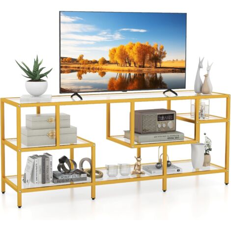 Costway – Meuble TV en verre trempé pour téléviseurs jusqu'à 65 pouces – Support en métal avec 4 étagères – Dimensions 147x40x62 cm – Couleur doré