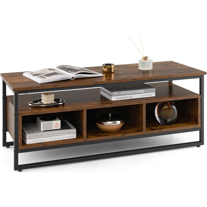 Meuble tv Industriel, Table Basse Indusrielle avec 3 Compartiments et Cadre en Métal, Meuble tv Bois à 2 Étagères pour Salon, Chambre, Marron