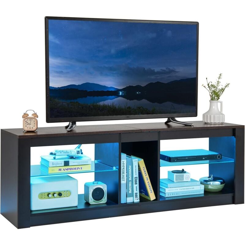 Costway - Meuble tv led, Meuble Télé Moderne pour tv 65 Pouces, 20 Couleurs Statiques, 22 Modes Dynamiques, Etagères Réglables en Verre Trempé,