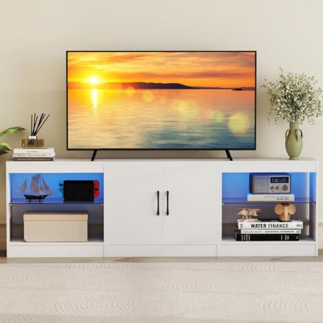 COSTWAY Meuble TV LED pour Télé 85", Meuble Télé Modulaire en 3 Pièces, Étagères en Verre Réglables, 16 Couleurs, Lminosité Télécommandée, Table TV pour Chambre, Salon, Gaming (Blanc)