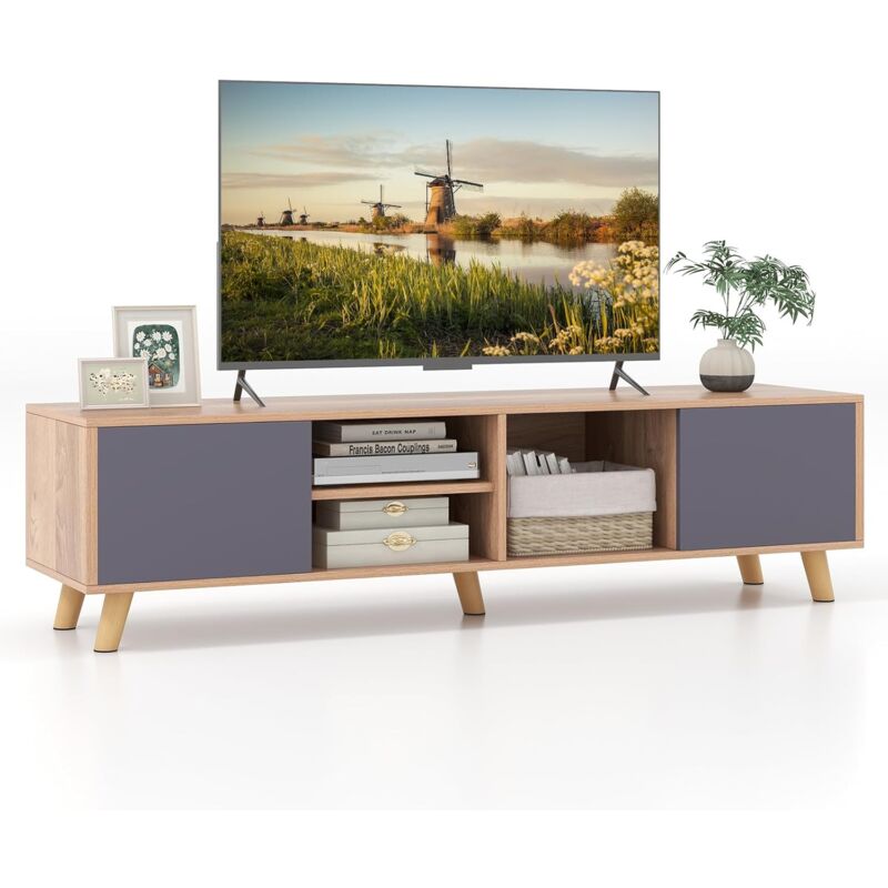 Costway - Meuble tv, Meuble Télé 2 Placards, 3 Compartiements, Table tv pour 65' au Max, 3 Passe-Câbles, Meuble de Rangement pour Salon, Chambre, 152