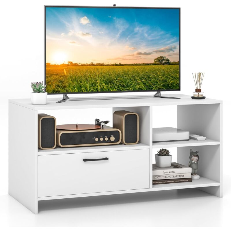 Costway - Meuble tv, Meuble Télé avec Tiroir et 3 Compartiments, Meuble pour tv jusqu'à 50 Pouces pour Salon, Chambre, Salle, Blanc, 104,5 x 51,5 x