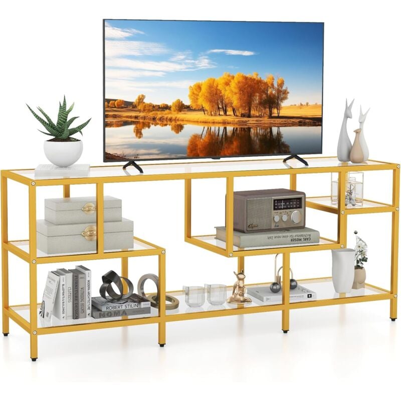 Costway - Meuble tv Verre, Meuble Télé pour 65 Pouces, Table Console avec 4 Etagères, Grand Plateau, Meuble Console Entrée Moderne pour Salon,