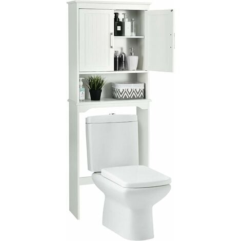 COSTWAY Meuble WC 2 Portes Etagère Réglable/Meuble Dessus Toilette 3 Etagère avec Dispositif Anti-basculement-63 x 23 x 168 CM Blanc