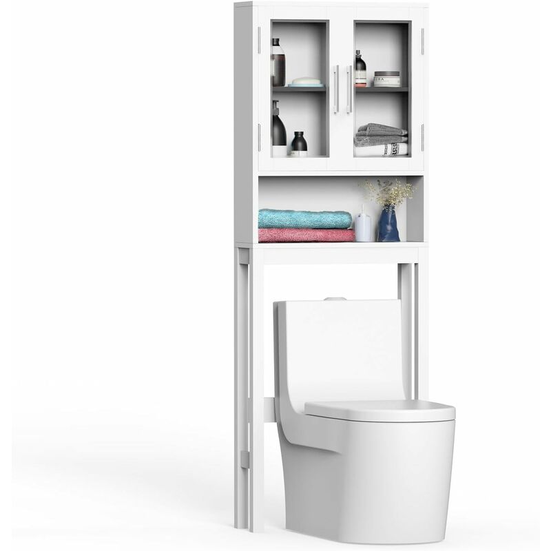 Meuble wc au-Dessus de Toilettes en Bois 3 Étagères, Meuble de Rangement avec Doubles Portes Vitrées, 57,5 x 18,5 x 163 cm - Costway