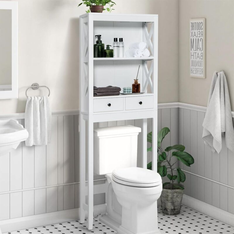 COSTWAY Meuble WC au-Dessus de Toilettes en Bois, Meuble de Salle de Bain avec 3 Étagères et 2 Tiroirs, Barre Inférieure Réglable, Dispositif