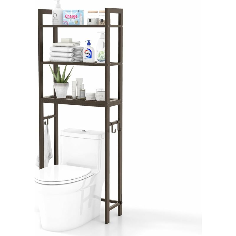 costway - meuble wc au-dessus de toilettes, étagère de rangement en métal, dispositif anti-basculement, 3 crochets, 3 étagères, peu encombrante, 63 x