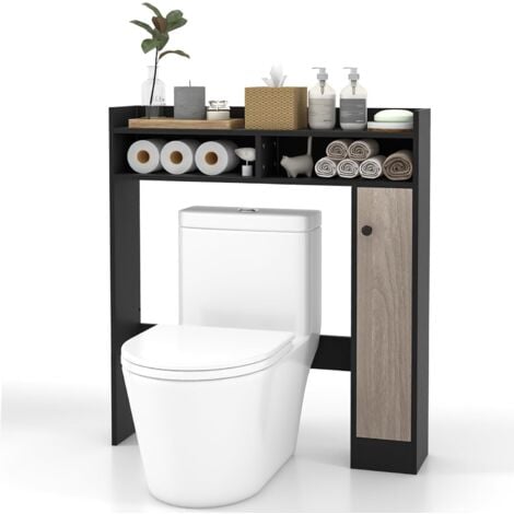 COSTWAY Meuble WC au-Dessus de Toilettes, Meuble de Salle de Bain avec 2 Compartiments et 1 Placard de Rangement avec Étagères Réglables, Dispositif Anti-basculement, 84 x 17 x 128 cm (Noir)