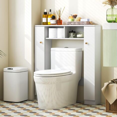Costway – Meuble WC au-dessus des toilettes – 2 compartiments ouverts – 2 placards – 4 étagères réglables – Dispositif anti-basculement – 87,5 x 18 x 98 cm (blanc)