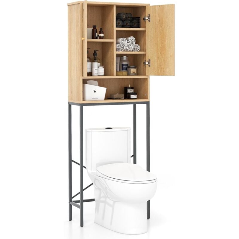 Meuble wc Au-Dessus des Toilettes, Placard à 2 Portes en Rotin, Design Anti-Basculement, Étagère de Rangement à 6 Niveaux pour Salle de Bain,