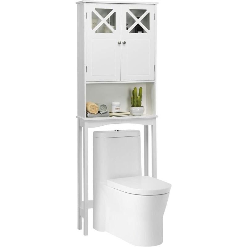 Meuble wc au-Dessus des Toilettes, Étagère de Rangement de Salle de Bain Hauteur Réglable, Design Anti-Basculement, Placard à 2 Portes avec Verre