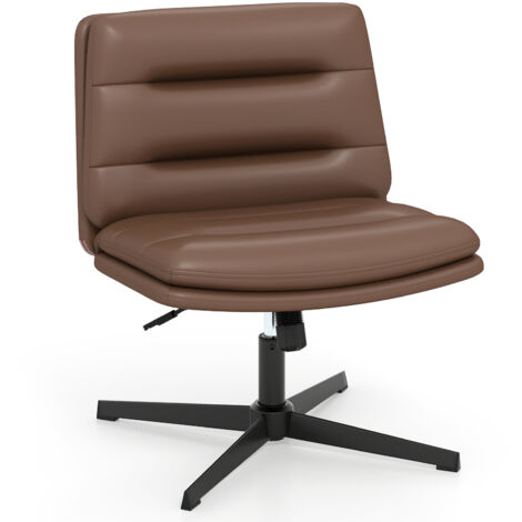 COSTWAY Mid Back Desk Chair Brown PU Leather Criss Cross Legs Height Adjustable Swivel Chair Brown
