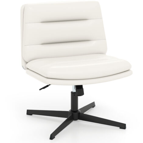 COSTWAY Mid Back Desk Chair Brown PU Leather Criss Cross Legs Height Adjustable Swivel Chair White