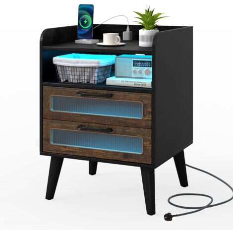 COSTWAY Mid Century Modern Bedside Table Nightstand w/Charging Station-Black