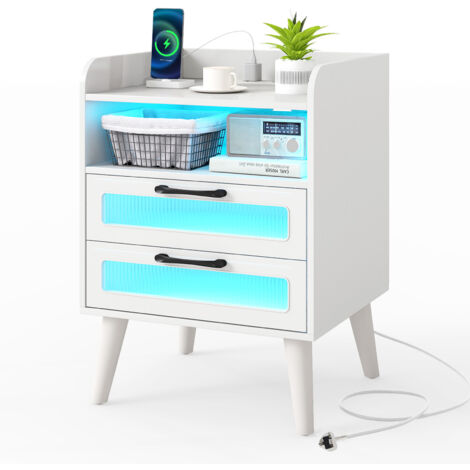 COSTWAY Mid Century Modern Bedside Table Nightstand w/Charging Station-White