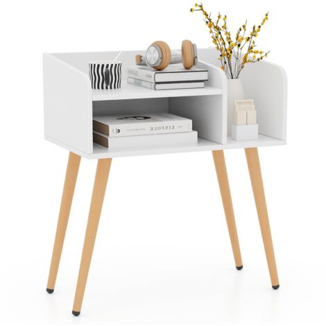 COSTWAY Mid Century Modern Nightstand 2-Tier Bedside Table w/Shelves-White
