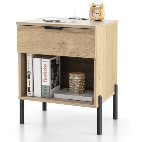 COSTWAY Mid Century Modern Nightstand Bed Side Table w/Charging Station-Natural