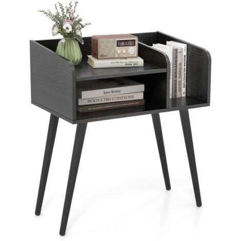 COSTWAY Mid Century Modern Nightstand End Table with Open Shelves-Black