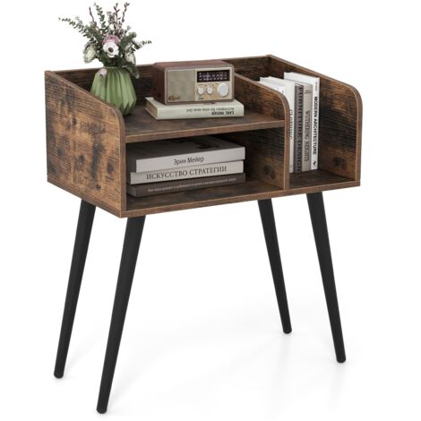 COSTWAY Mid Century Modern Nightstand End Table with Open Shelves-Coffee