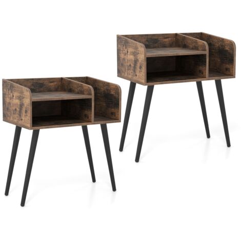 COSTWAY Mid Century Modern Nightstand (Set of 2) with Open Shelves-Coffee
