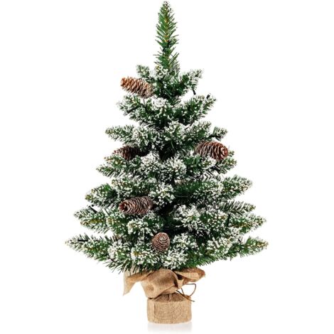 COSTWAY Mini Albero di Natale 64 cm, Albero di Pino di Natale Artificiale con Luci LED, 75 Rami, 8 Pigne, 8 modalità di illuminazione e Base in Cemento, per Casa, Ufficio e Negozio