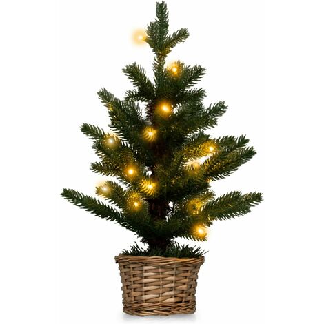 COSTWAY Mini Albero di Natale Artificiale Pre-illuminato, Albero di Natale da Tavolo con 96 Rametti, 20 Luci LED Bianche Calde, Timer, Vaso in Legno di Salice, Piccolo Albero di Natale per Festa