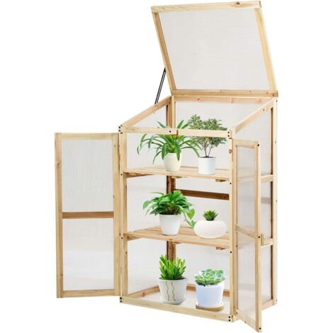 COSTWAY Mini serra in legno 60x45x100 cm Vetri trasparenti in policarbonato Ripiano superiore rimovibile con 3 ripiani per giardino/balcone/veranda