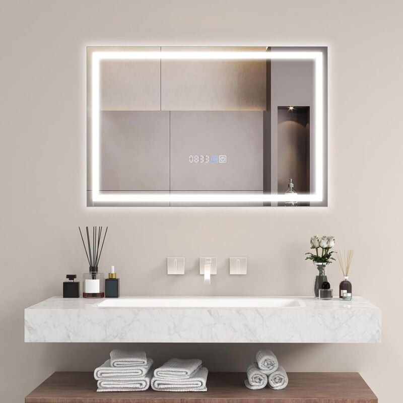 Miroir de Salle de Bain à led, Miroir Mural Lumineux avec 3 Couleurs/Luminosité Réglable, Miroir Mural Rectangulaire avec Fonction Anti-Buée/Mémoire,