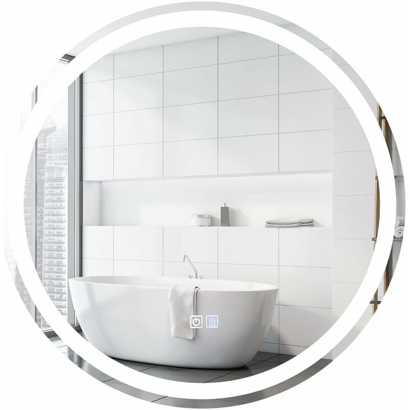COSTWAY Miroir de Salle de Bain Rond LED Φ60 cm, avec Luminosité et Température de Couleur Réglables, Interrupteur Tactile Anti-buée