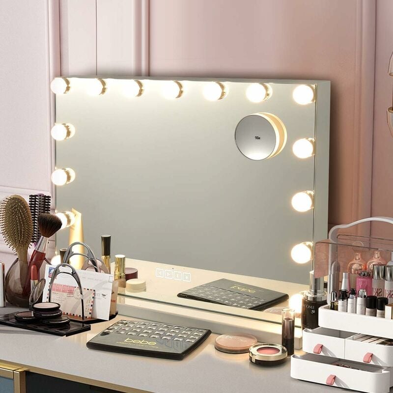 Costway - Miroir Hollywood Bluetooth avec Lumières, Miroir de Maquillage, Port de Charge usb, 15 Ampoules led, Écran Tactile, 3 Niveaux de Luminosité