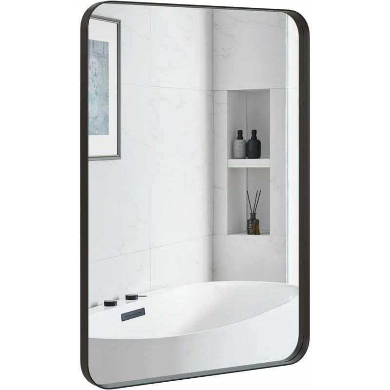 Miroir Mural de Salle de Bain 51 x 81 cm, Miroir de Courtoisie Moderne avec Cadre en Métal et Coins Arrondis, Miroir Mural Rectangulaire pour