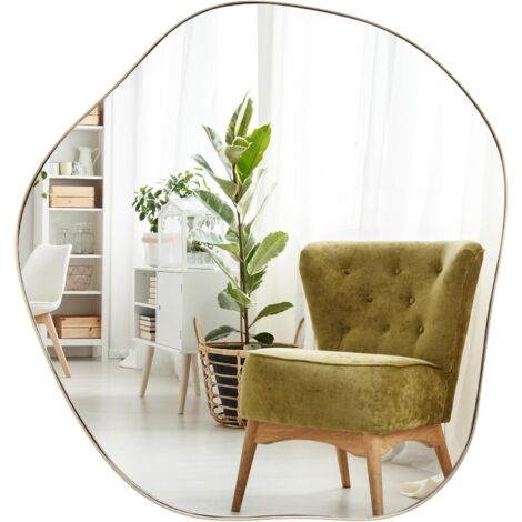 COSTWAY Miroir Mural Décoratif, Miroir Mural Moderne avec Cadre Métallique, Miroir HD Suspendu en Forme Irrégulière, pour Entrée, Salon, Salle de Bain, Chambre (Or, 70 x 75 CM)