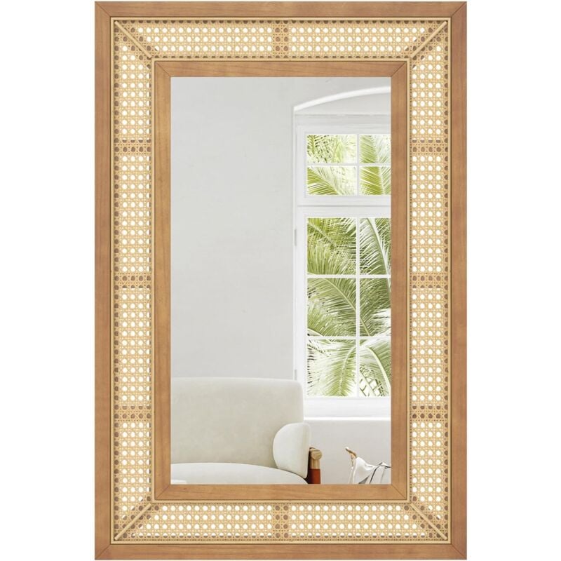Costway - Miroir Mural en Rotin, Miroir Rectangulaire 90 x 60 cm, Cadre en Bois, Verre en Aluminium, Crochets et Vis d'Expansion, Miroir Decoration