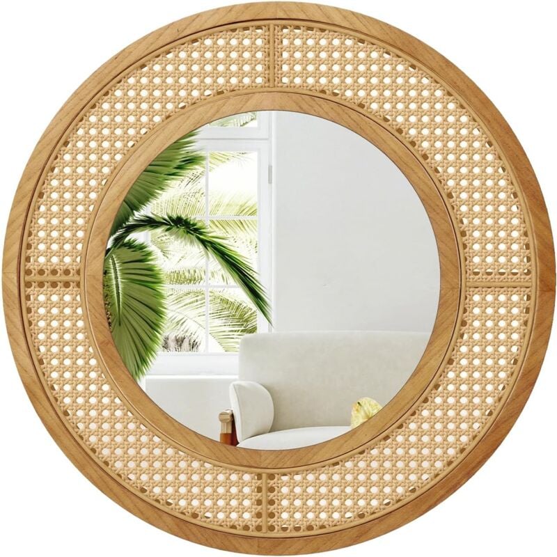 Costway - Miroir Mural en Rotin, Miroir Rond ø 65 cm, Cadre en Bois, Verre en Aluminium, Crochet Métallique et Vis d'Expansion, Miroir Decoration