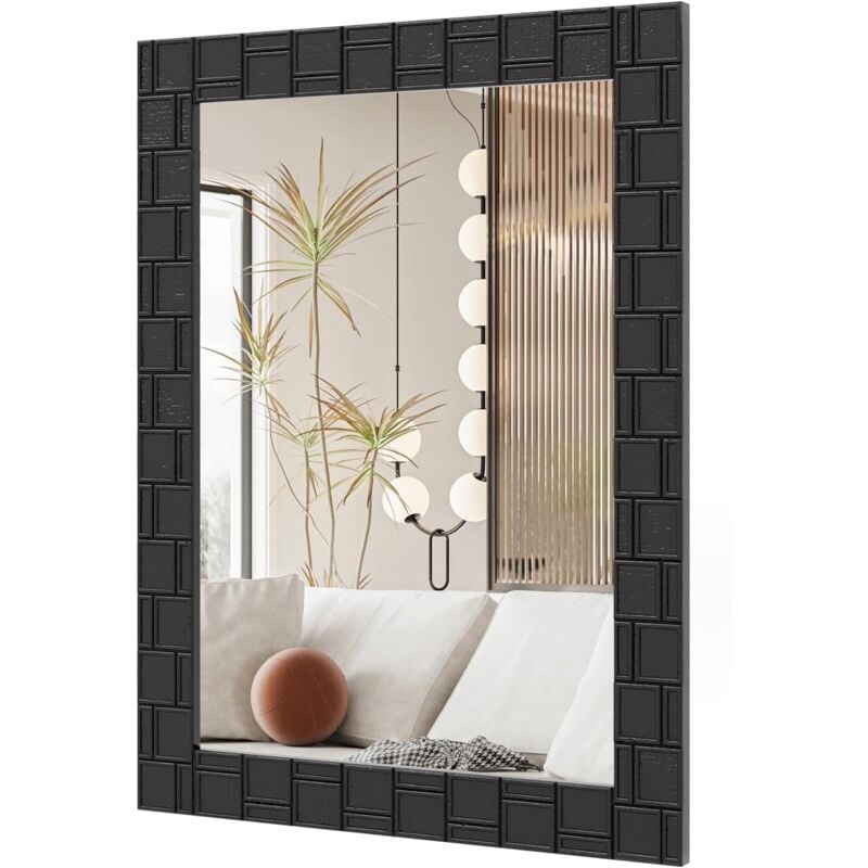 Costway - Miroir Mural Rectangulaire 80 × 60 cm, Cadre en Bois d'Hévéa, Miroir Suspendu Moderne, Suspension Verticale & Horizontale, Miroir Décoratif