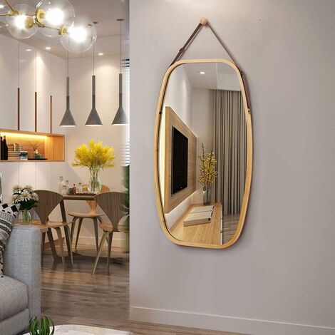 Costway – Miroir mural suspendu rectangulaire 77x44cm avec cadre en bambou et sangle en cuir réglable – Coins arrondis pour sécurité – Pour salon, chambre, entrée