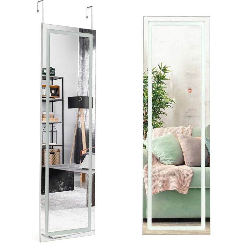 Miroir Pleine Longueur LED, Grand Miroir LED pour Porte 120 cm x 37 cm, Miroir Lumineux Mural avec Cadre en MDF, Fixation sur Porte ou Murale,