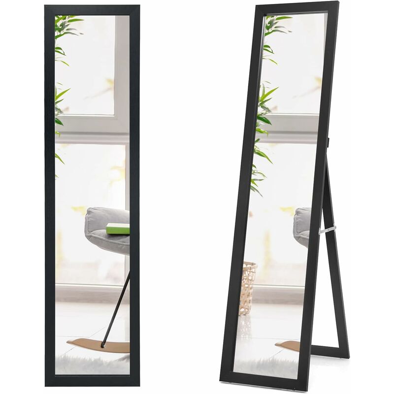 miroir pleine longueur sur pied, grand avec cadre en mdf 155 cm x 37 cm, de plain pied rectangulaire pour chambre, salon et entree noir