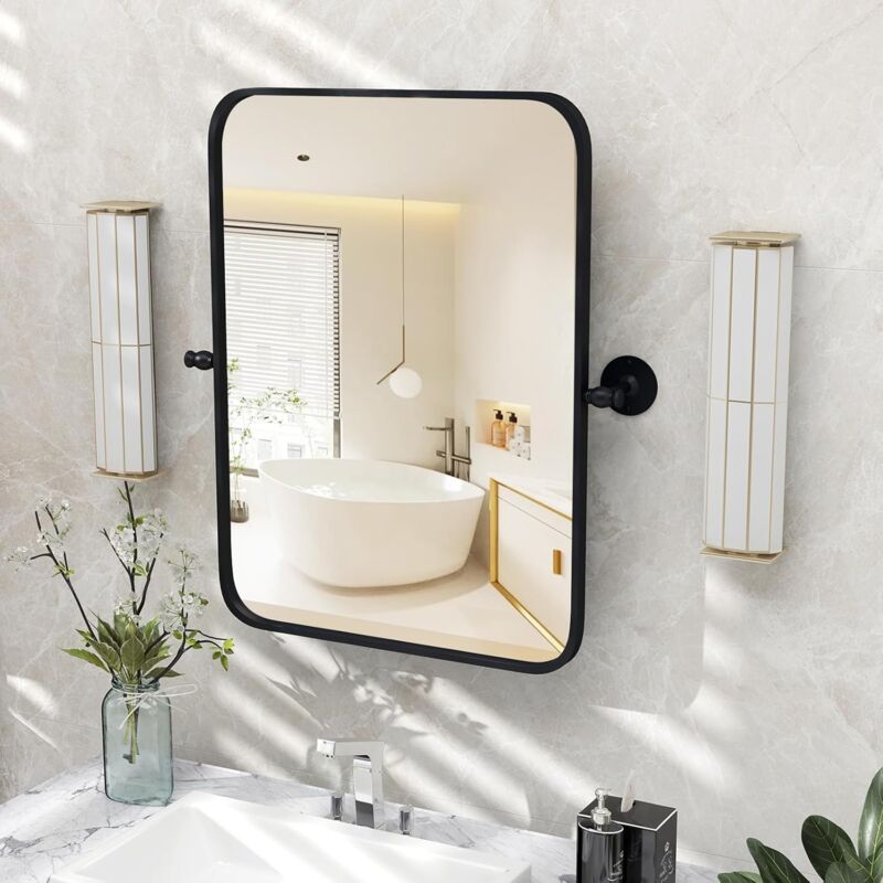Costway - Miroir Salle de Bain 76,5 × 56 cm, Miroir Mural Rectangulaire Pivotant, Films Antidéflagrant, Supports Muraux, Miroir de Maquillage pour