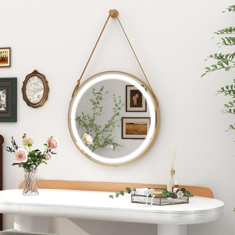 Miroir Salle de Bain avec Eclairage 60 x 60 cm, Miroir Rond led Antibuee, 3 Couleurs, Luminosité Réglable, Miroir Suspendu, Interrupteur Tactile,