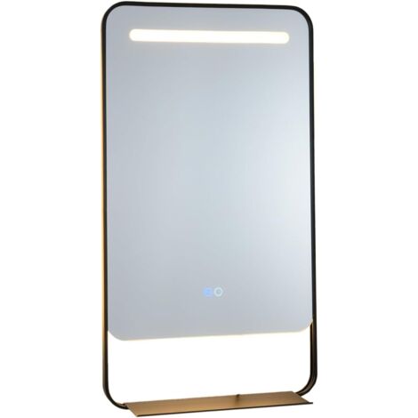 COSTWAY Miroir Salle de Bain avec Eclairage 88,5 x 50 cm, Étagère, Miroir Mural Rectangulaire Antibuée, 3 Couleurs de Lumière, Luminosité Ajustable, Cadre en Aluminium, pour Chambre Entrée (Noir)